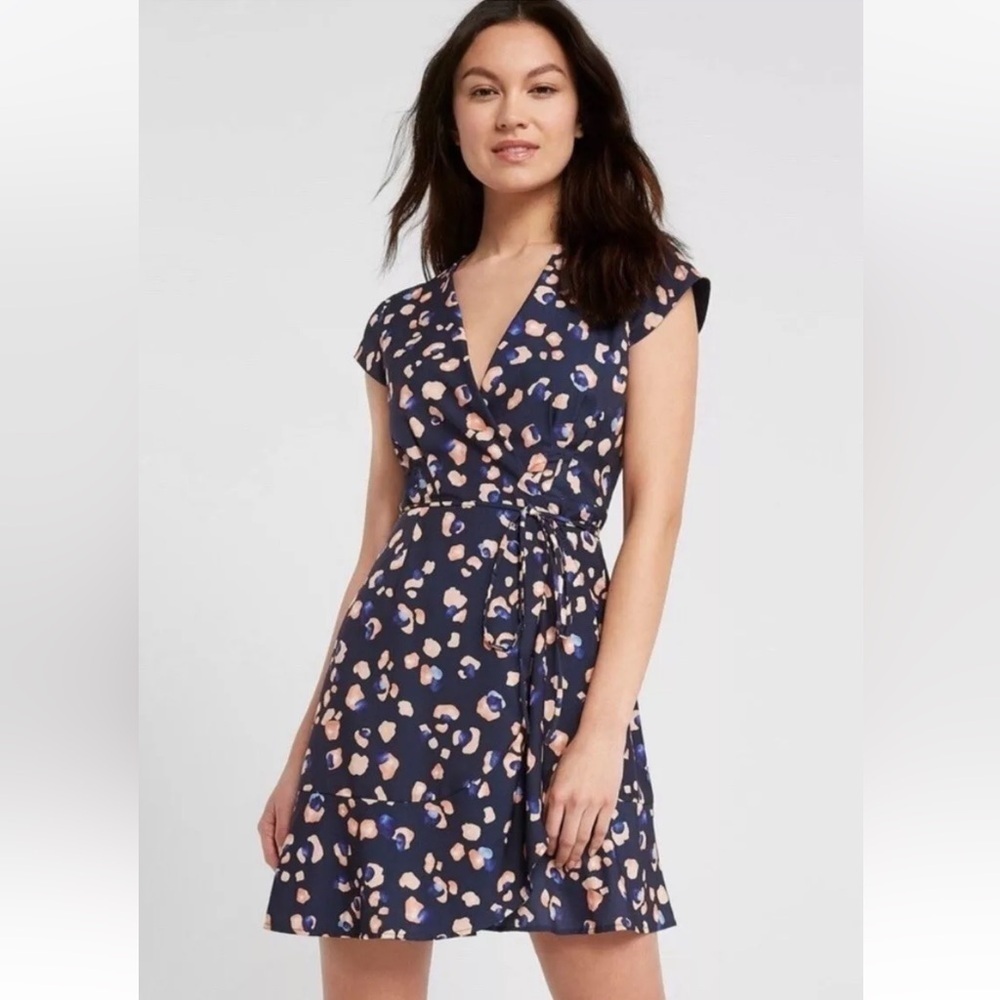 Hutch Wrap Around Clara 0X(Large,12) Mini Dress Navy Blue Leopard Floral Print